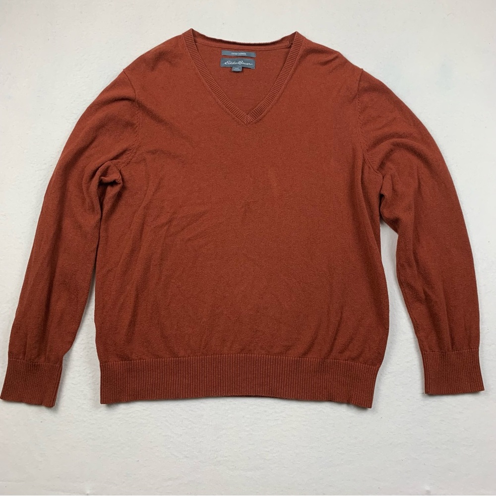 Eddie Bauer Sweater Mens Large Cotton Cashmere Orange V Neck Casual Classic Fit